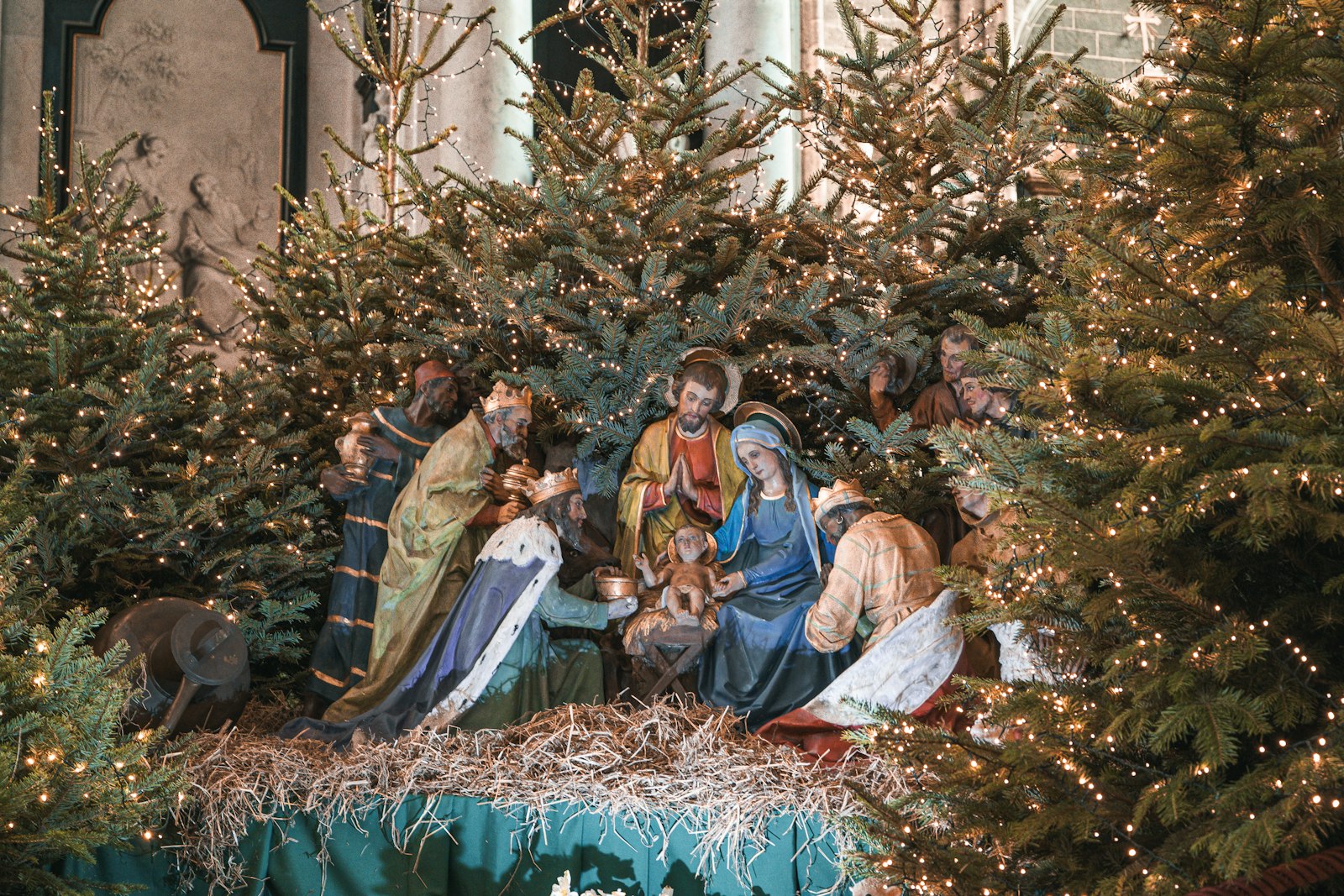 Crèche de la Nativité entourée de sapins de Noël illuminés